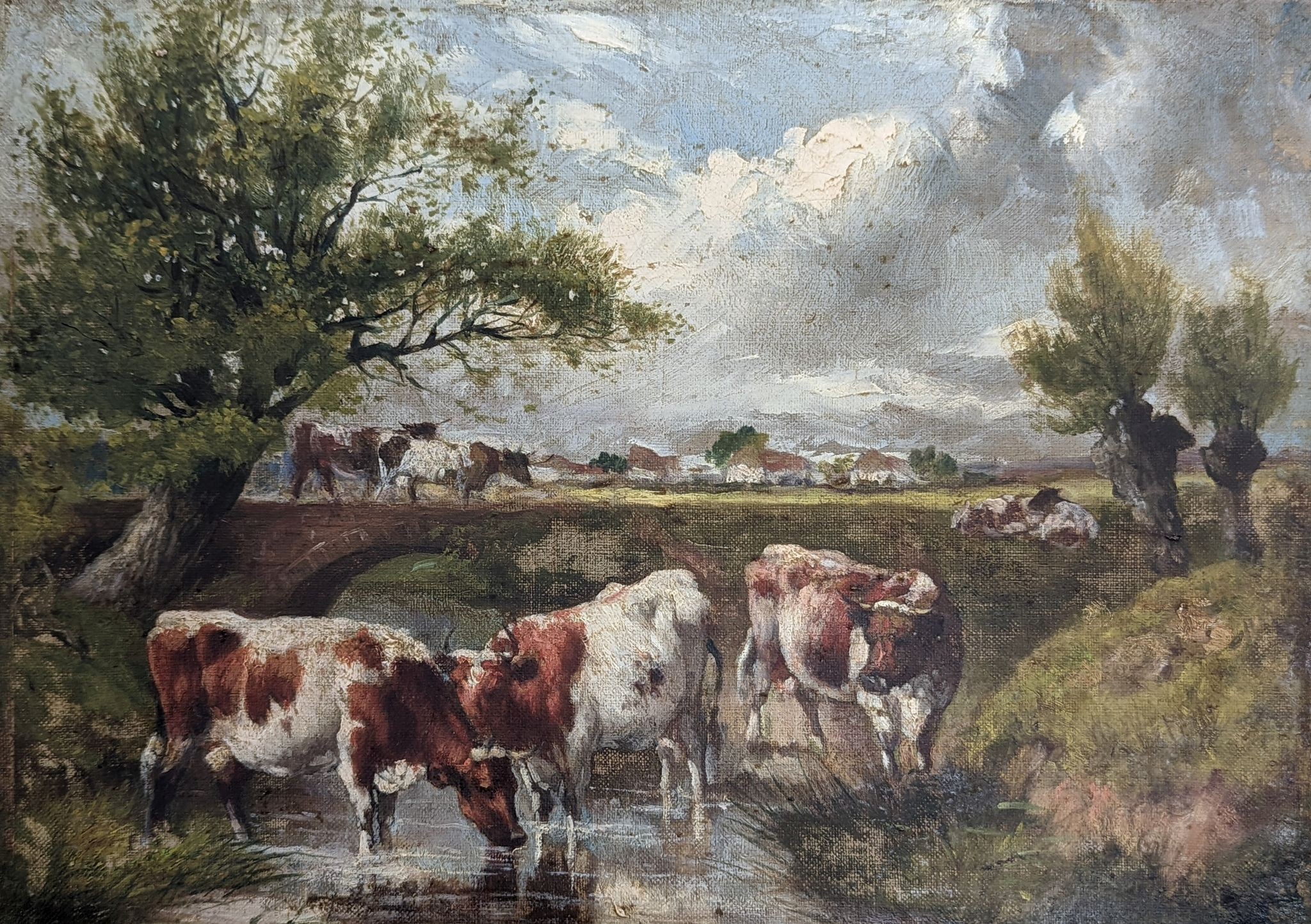 After Clarkson Stanfield, oil on canvas, Cattle watering, 25 x 36cm, unframed